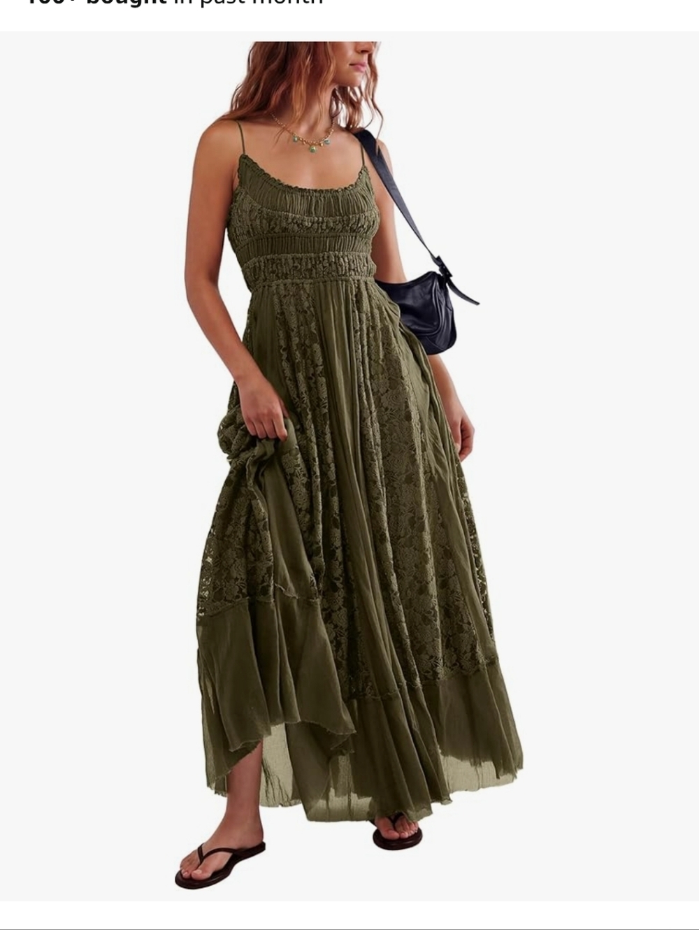 Gacaky Olive Green Smocked Lace Maxi Dress